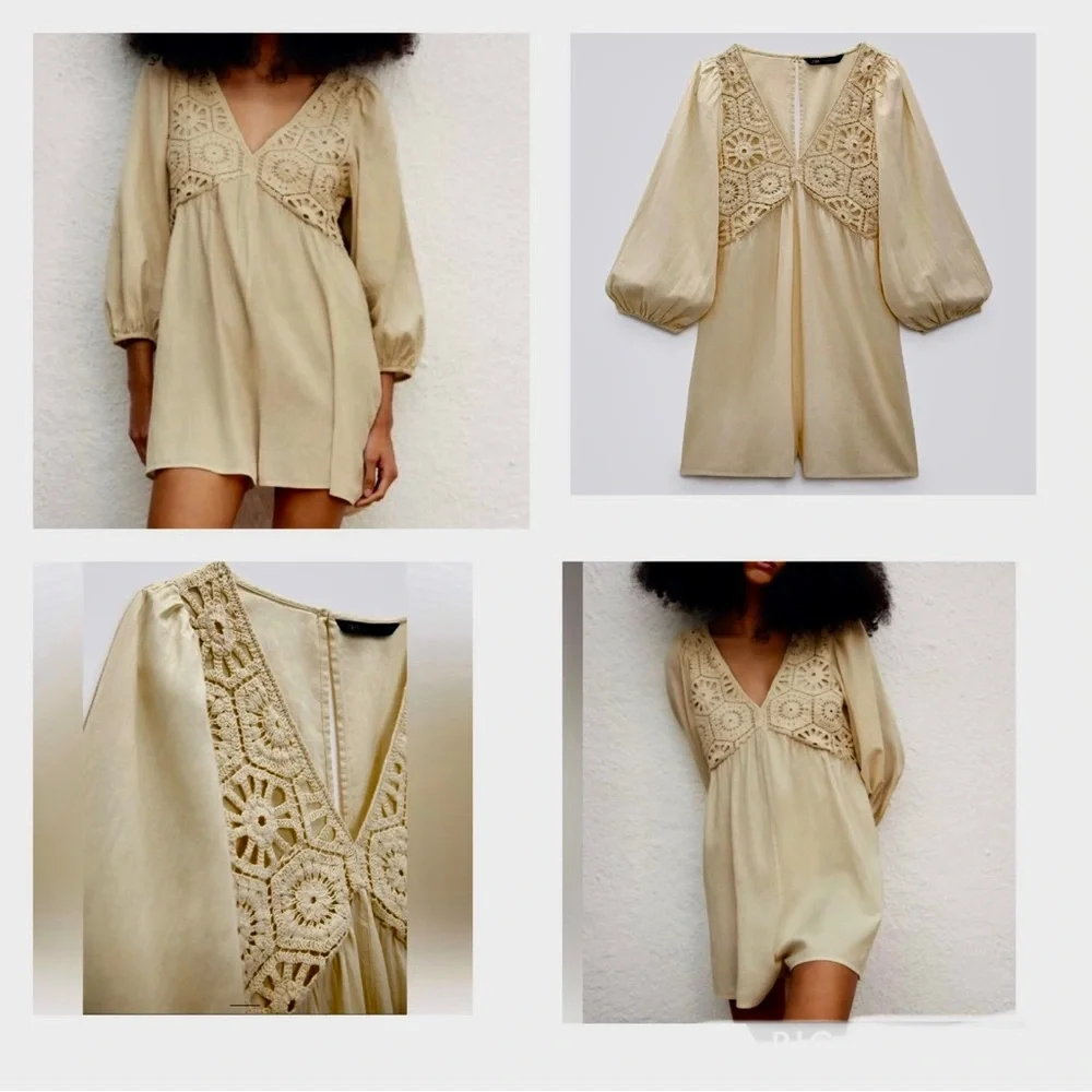 ZARA Crochet Embroidered Romper Short Jumpsuit Cream Ecru Size S